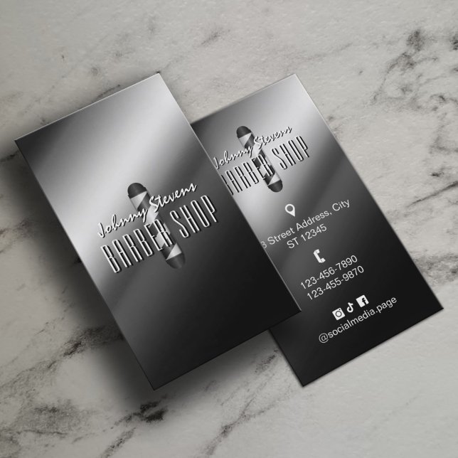 Cartão De Visita Silver metal barber pole barbershop (Criador carregado)