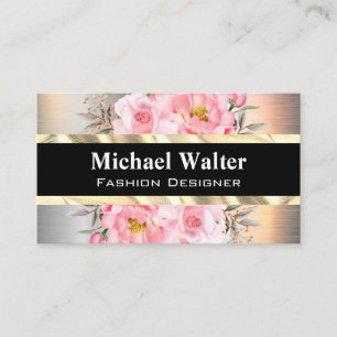 Cartão De Visita Silver Metálico Dourado Flores Rosa