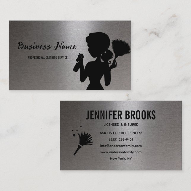 Cartão De Visita Silver Metallic Cleaning Service Housekeeper Maid (Frente/Verso)