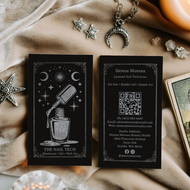 Cartão De Visita Silver Retro Celestial Tarot Nail artist QR Code (Silver Retro Celestial Tarot Nail artist QR Code Business Card)