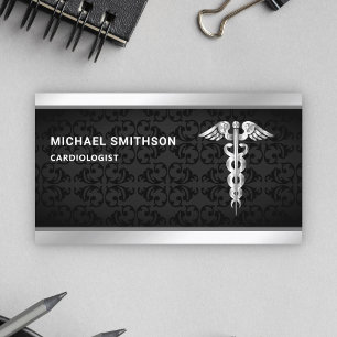 Cartão De Visita Símbolo Caduceu Prata Preto Profissional Médico