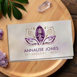Cartão De Visita Símbolo e mãos de Reiki em Lotus Amethyst e