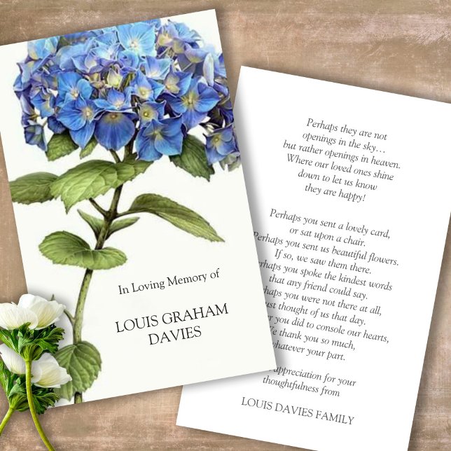 Cartão De Visita Simpatia Funeral Blue Hydrangea Cards de oração (Sympathy floral Celebration of Life, In Loving Memory, Forever in our Hearts Funeral prayer cards)