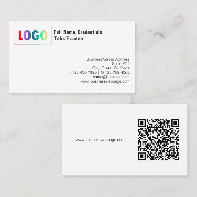 Cartão De Visita Simple Black, White Logo and QR Code Business Card (Frente/Verso)