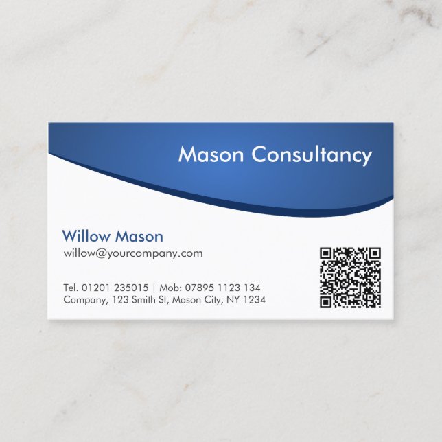 Cartão De Visita Simple Blue and White Curved QR Code Business Card (Frente)