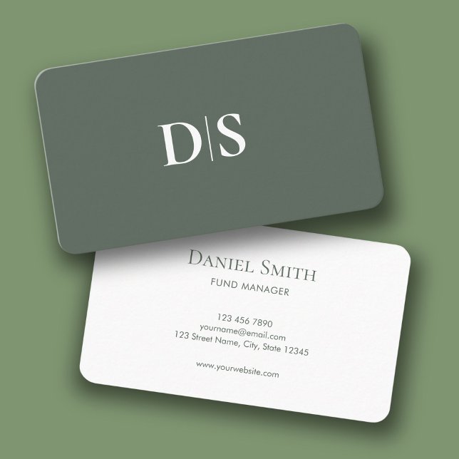 Cartão De Visita Simple Elegant Muted Green White with Initials (Simple Elegant Muted Green White with Initials Business Card)