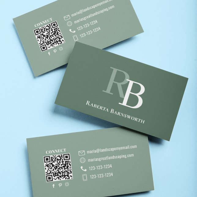 Cartão De Visita Simple Green Monogram QR Code | Connect with Me (Green and white monogram QR code business card.)