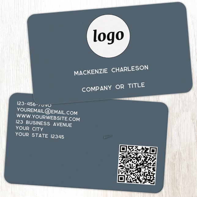 Cartão De Visita Simple Logo and QR Code Charcoal Gray (Simple logo with custom text business branding promotional charcoal gray business card)