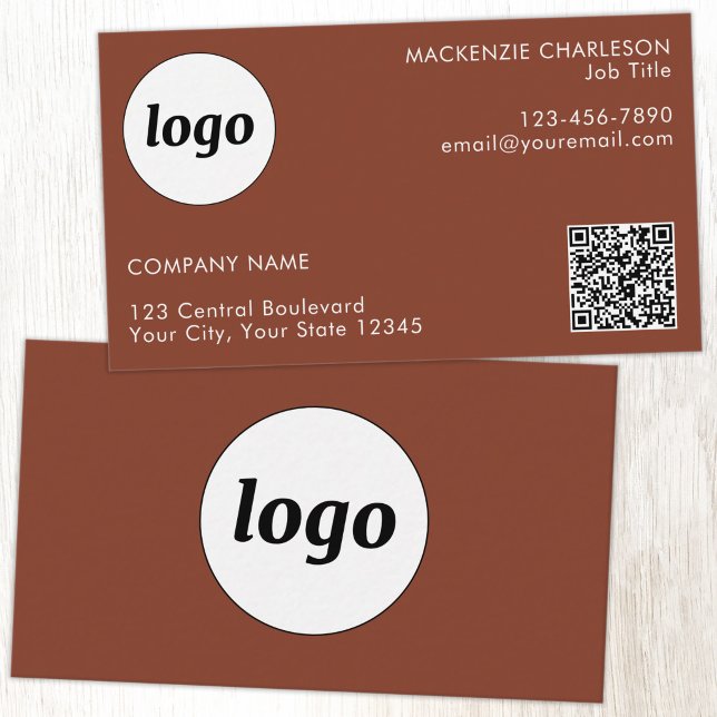 Cartão De Visita Simple Logo and Text QR Code Terracotta (Simple logo with custom text business branding promotional QR code terracotta business card)