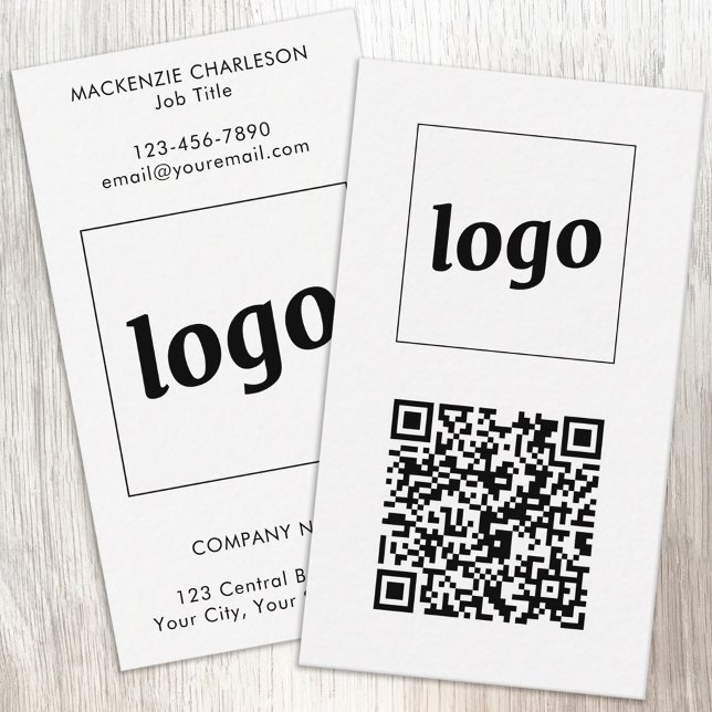 Cartão De Visita Simple Logo Text QR Code Vertical Format (Simple logo with custom text and QR code business branding promotional vertical business cards)