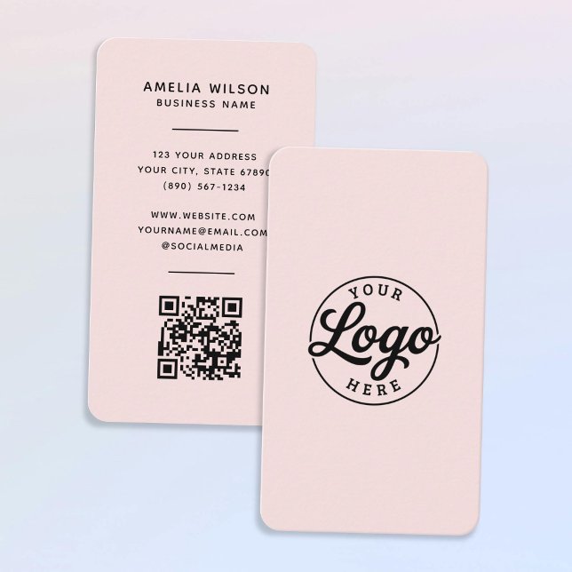 Cartão De Visita Simple Minimalist Logo QR Code Blush Pink  (Criador carregado)