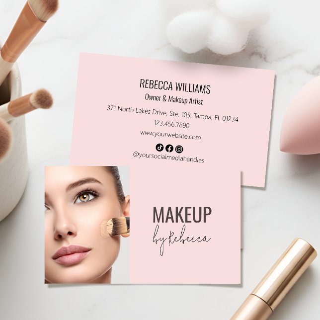 Cartão De Visita Simple Modern Blush Pink Photo Social Icons Makeup (Modern blush pink calligraphy script business card - perfect for making a great first impression!)