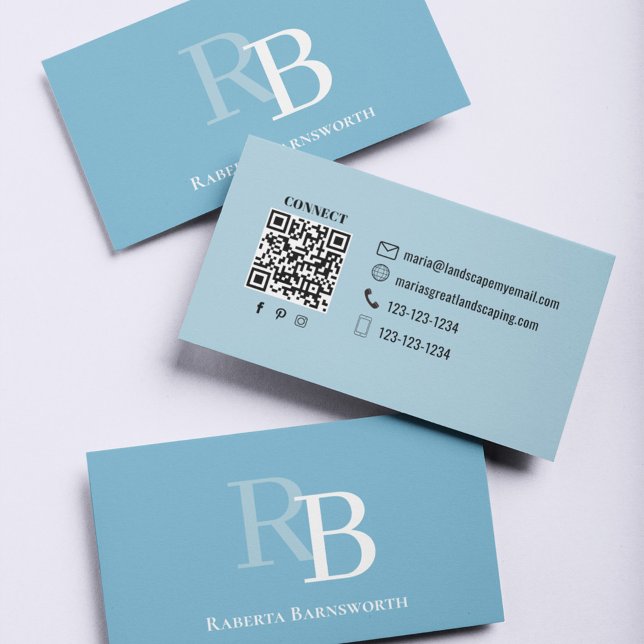 Cartão De Visita Simple Monogram Blue QR Code | Connect with Me (Simple blue modern monogram  business card.)