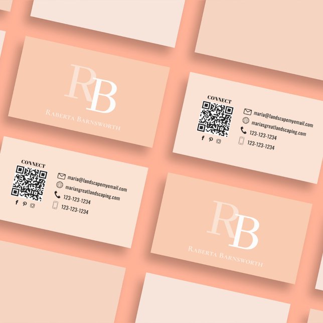 Cartão De Visita Simple Monogram Peach QR Code | Connect with Me (Simple monogram business card with solid colored peach theme.)