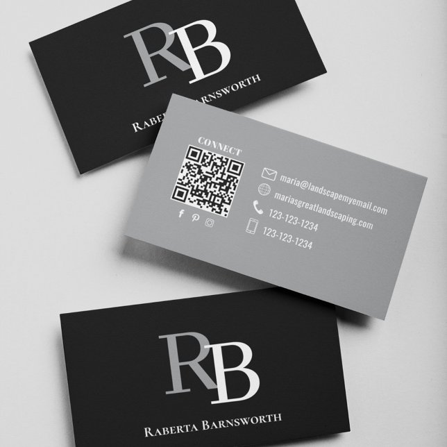 Cartão De Visita Simple Monogram QR Code Black | Connect with Me (Black and gray business card with simple monogram.)