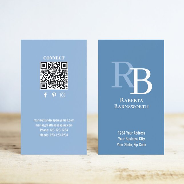 Cartão De Visita Simple Monogram QR Code Blue | Connect with Me (Blue monogram business card template with a scannable QR code.)