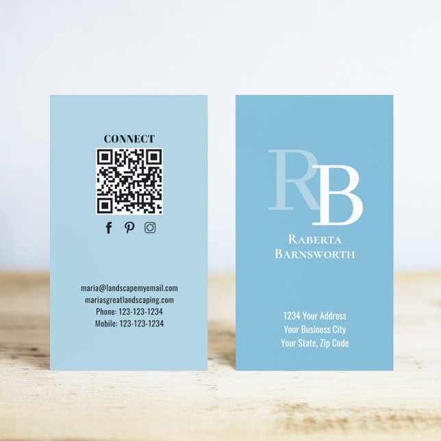 Cartão De Visita Simple Monogram QR Code Blue | Connect with Me (Blue business cards with monogram and scannable QR code.)