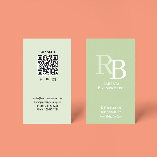 Cartão De Visita Simple Monogram QR Code Green | Connect with Me (Green business cards with monogram and QR code template.)