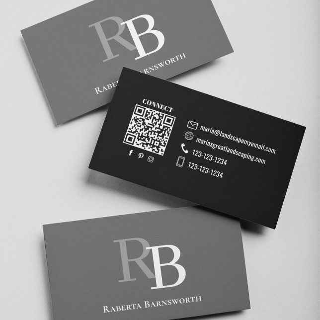 Cartão De Visita Simple Monogram QR Code Grey | Connect with Me (Grey and black business card template. With a scannable QR code.)