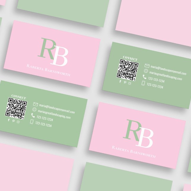 Cartão De Visita Simple Monogram QR Code Pink | Connect with Me (Pink and green business card with simple monogram and QR code.)