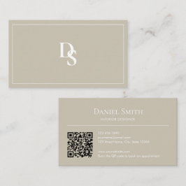 Cartão De Visita Simple Professional Beige with Initials QR Code