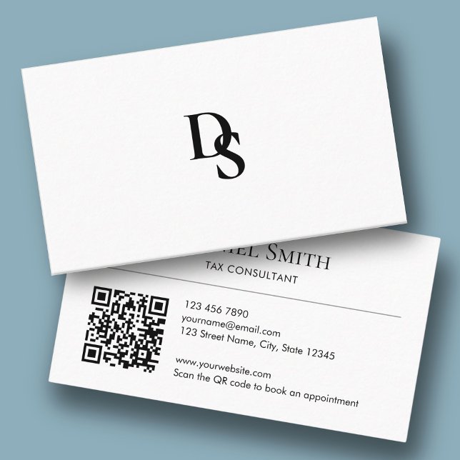 Cartão De Visita Simple Professional White with Initials QR Code (Simple Professional White with Initials QR Code Business Card)