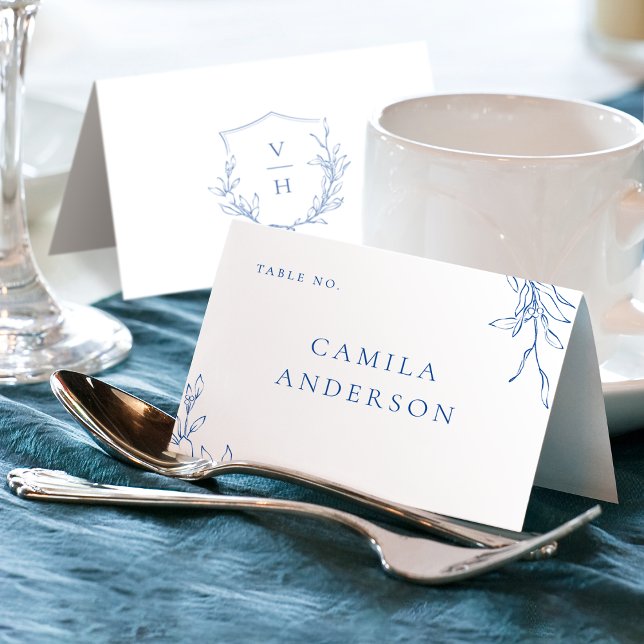Cartão de visita simples azul da crista botânica m (Blue simple botanical crest monogram place card)