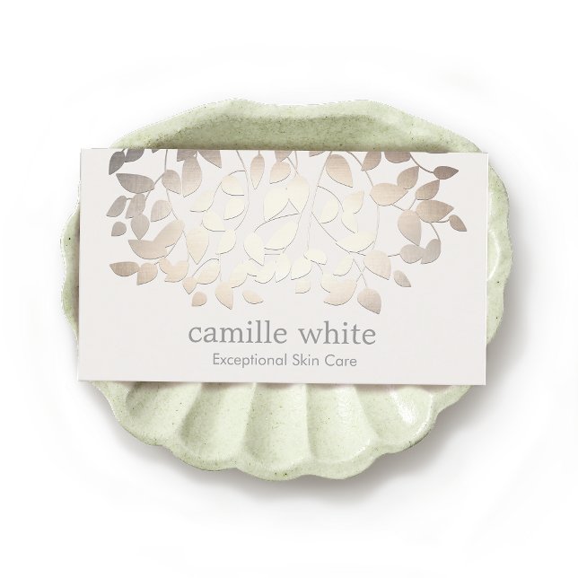 Cartão De Visita Simples Cosmetologia Elegante Folhas Douradas Faux (Criador carregado)