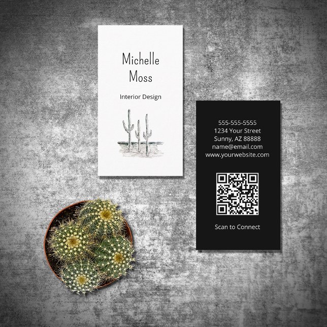 Cartão De Visita Simples Deserto Cactus Código QR Preto Branco (Criador carregado)