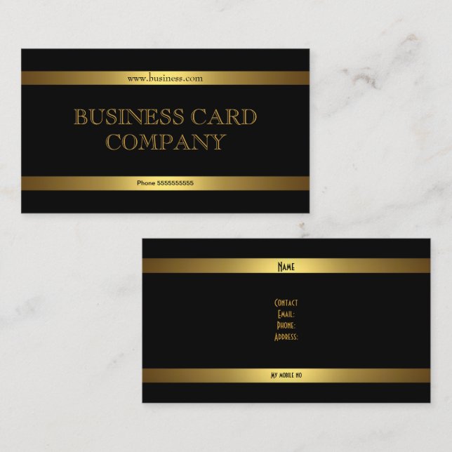 Cartão De Visita Simples e Dourado Clássico Elegante Negro (Frente/Verso)