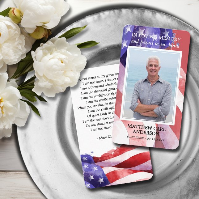 Cartão De Visita Simples Funeral Memorial Fotografia para Bandeiras (United States flag funeral photo memorial prayer cards with a poem on the back)
