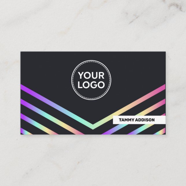 Cartão De Visita Simples Info Moderno Neon Rainbow Holographic  (Frente)