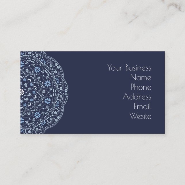 Cartão De Visita Simples Marinho Blue Floral Minimalista Mandala (Frente)