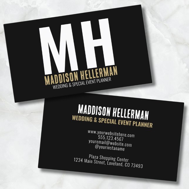 Cartão De Visita Simples Monograma Dourado Preto Moderno (Simple Stylish Modern Black Gold Monogram Business Card)