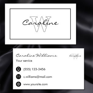 Cartão De Visita Simples nome elegante retângulo branco preto monog