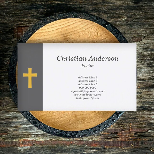 Cartão De Visita Simples, Preto com Pastor Dourado (Simple, Black with a Gold Cross Pastor Business Card)