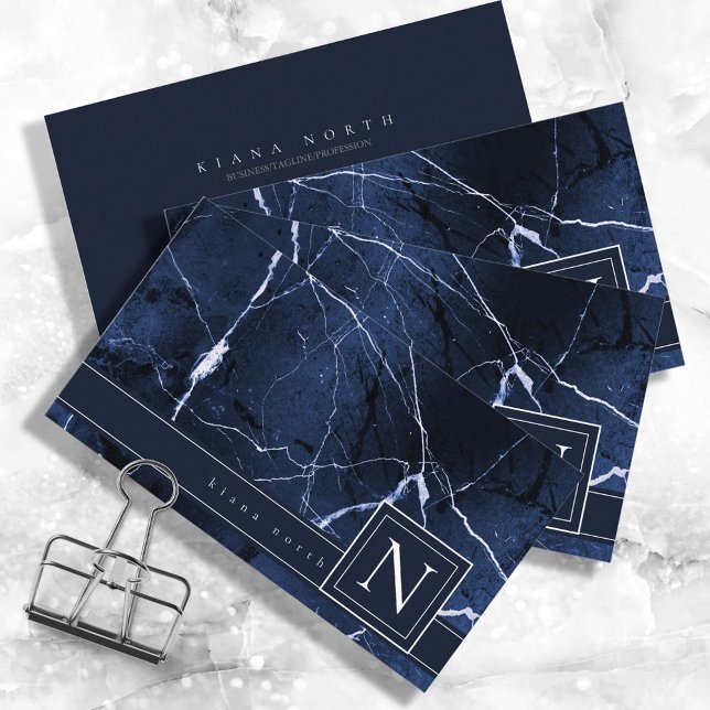 Cartão De Visita Simplesmente Marble Monogarm Blue e White Std ID67 (Criador carregado)