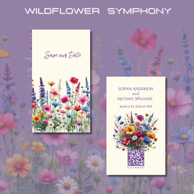 Cartão De Visita Sinfonia De Flores Selvagens - Salve A Data (Wildflower Symphony Wedding Save the Date-Colorful, Rustic, Country, Bohemian, Elegant)