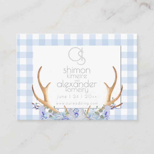 Cartão De Visita Site de Casamento | Monograma Blue Gingham Floral (Frente)