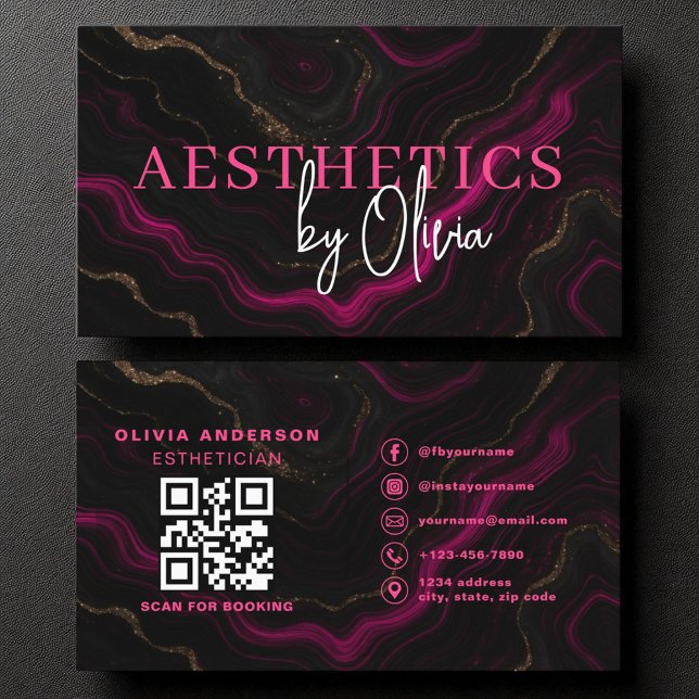 Cartão De Visita Skincare Estheticista Código QR Rosa Quente Agate  (Criador carregado)