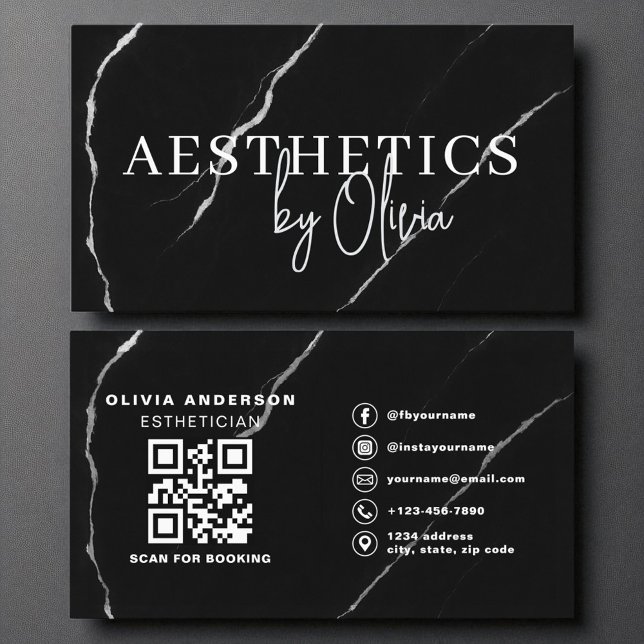 Cartão De Visita Skincare Estheticista Código QR Silver Black Marbl (Criador carregado)