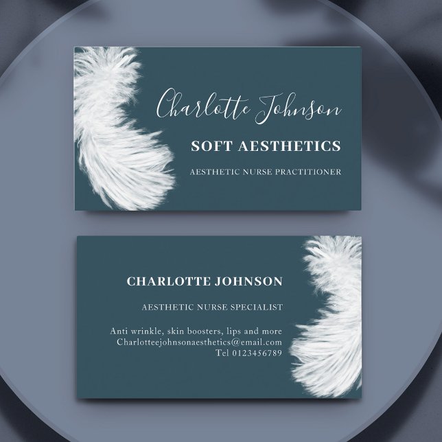 Cartão De Visita Skincare Health Professional Modern Blue Feather (Aesthetics nurse specialist professional soft feather illustration blue business card)