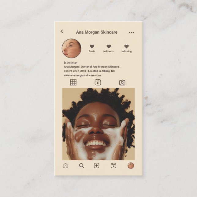 Cartão De Visita Skincare Instagram Foto Grid QR Code beige (Frente)