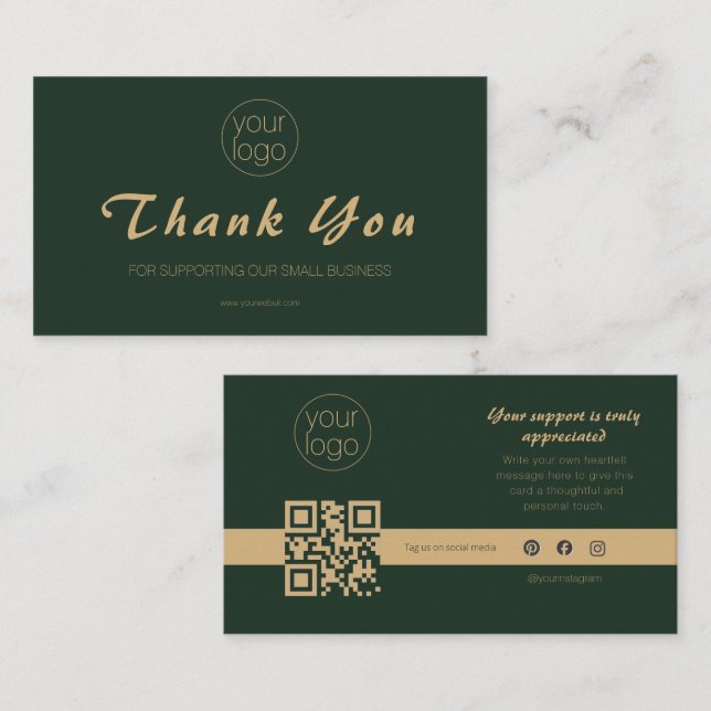 Cartão De Visita Small Business Logo Thank You QR Card Olive Gold (Frente/Verso)