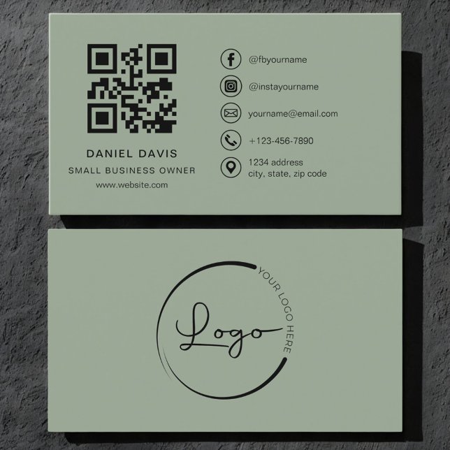Cartão De Visita Small Business Owner Sage Green Logo QR Code  (Criador carregado)