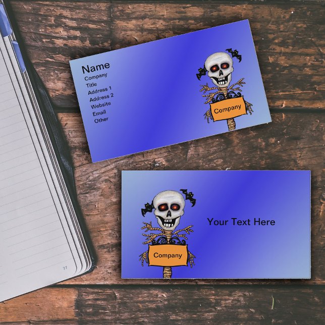 Cartão De Visita Smiling Skull Tree Branch Limbs Sinal Laranja (Creepy Skull red eyes tree branch arms Orange sign Bats on vibrant blue business cards.)