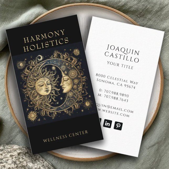 Cartão De Visita Sol Celestial Holístico Lua Estrelas Douradas Pret (Criador carregado)
