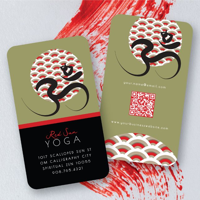 Cartão De Visita Sol Vermelho Yoga Espiritual Indiano Meditar Om Oh (Red Sun Yoga Spiritual Meditation Modern Zen Om / Aum  Calligraphy Symbol Business Card @ fatfatin)