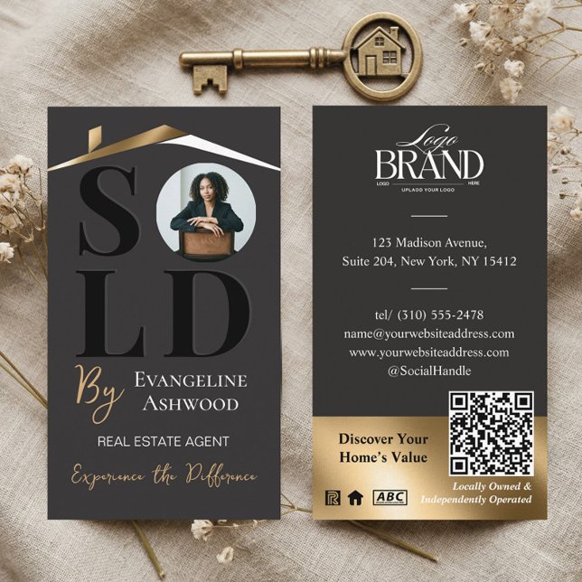 Cartão De Visita Sold Luxury Home Real Estate Agent Black Gold QR (Sold Luxury Home Real Estate Agent Black Gold QR Business Card)