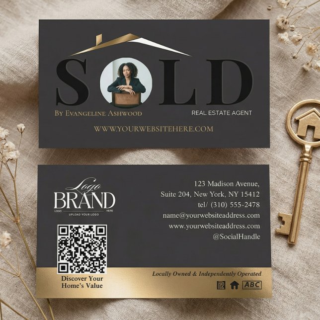 Cartão De Visita Sold Luxury Home Real Estate Agent Black Gold QR (Sold Luxury Home Real Estate Agent Black Gold QR Business Card)